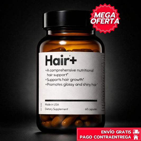 Hair+: Suplemento capilar con biotina que fortalece la raíz y acelera el crecimiento saludable del cabello.