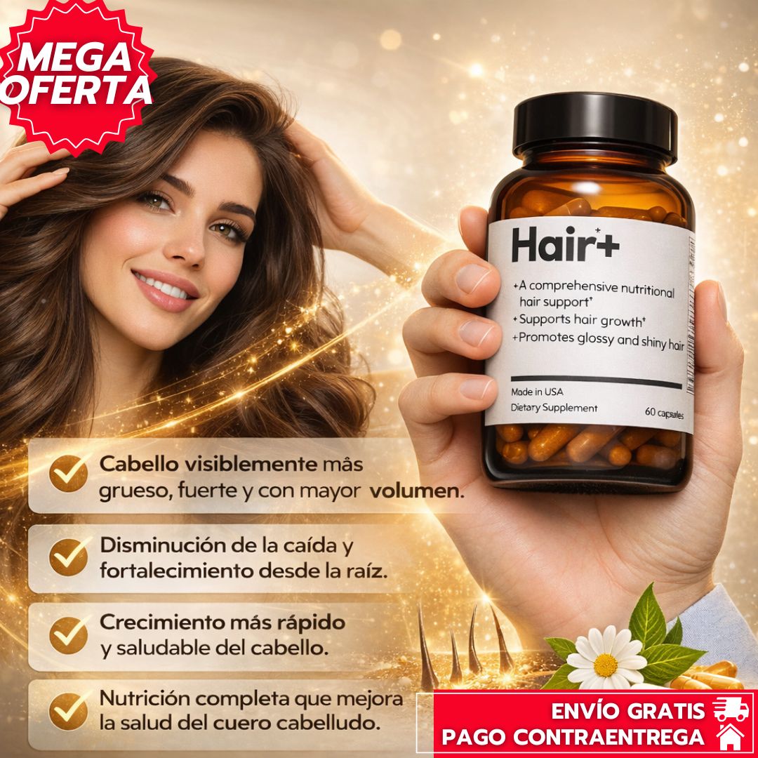 Hair+: Suplemento capilar con biotina que fortalece la raíz y acelera el crecimiento saludable del cabello.