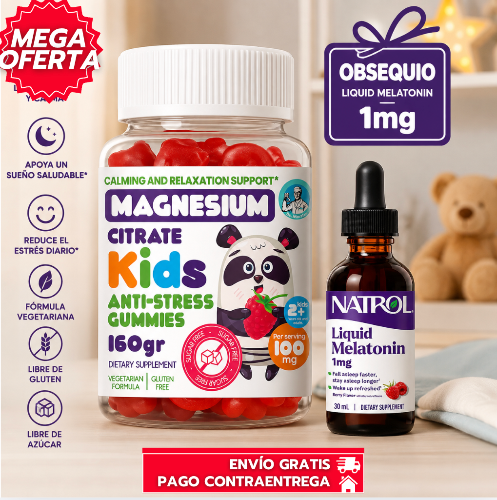 Magnesium Kids: Gomitas de magnesio anti-estrés para niños, con regalo de Melatonina Líquida 1mg