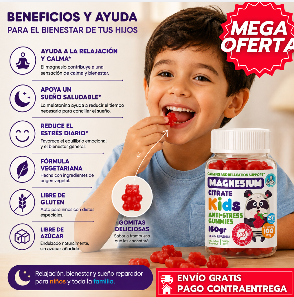 Magnesium Kids: Gomitas de magnesio anti-estrés para niños, con regalo de Melatonina Líquida 1mg