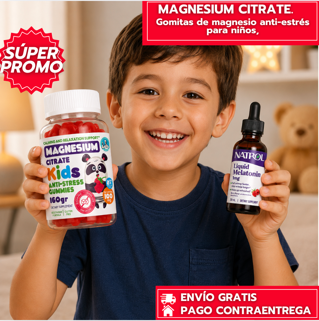 Magnesium Kids: Gomitas de magnesio anti-estrés para niños, con regalo de Melatonina Líquida 1mg